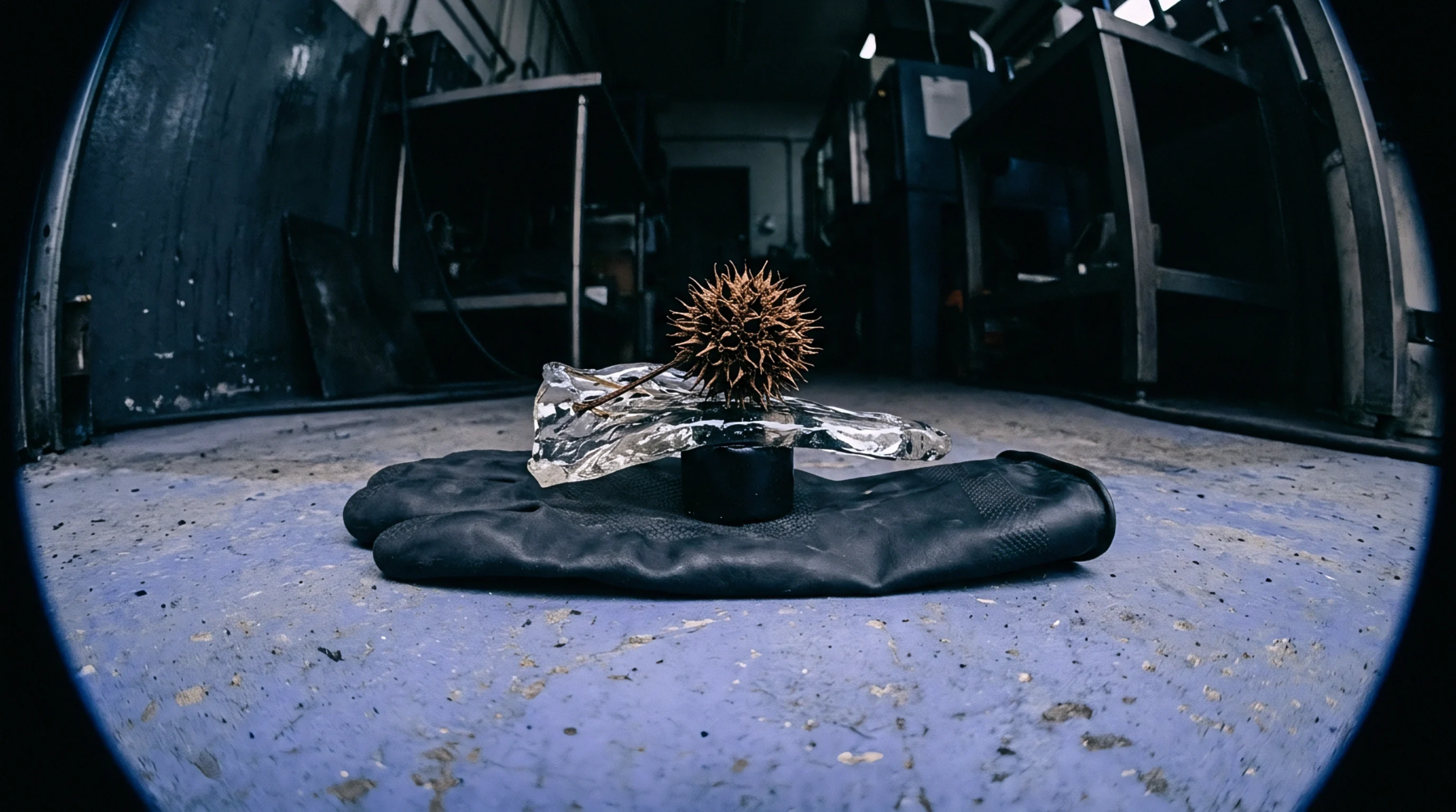 A dry organic seed pod sits atop a clear amorphous plastic sprue resting on a black protective glove within an industrial production environment.