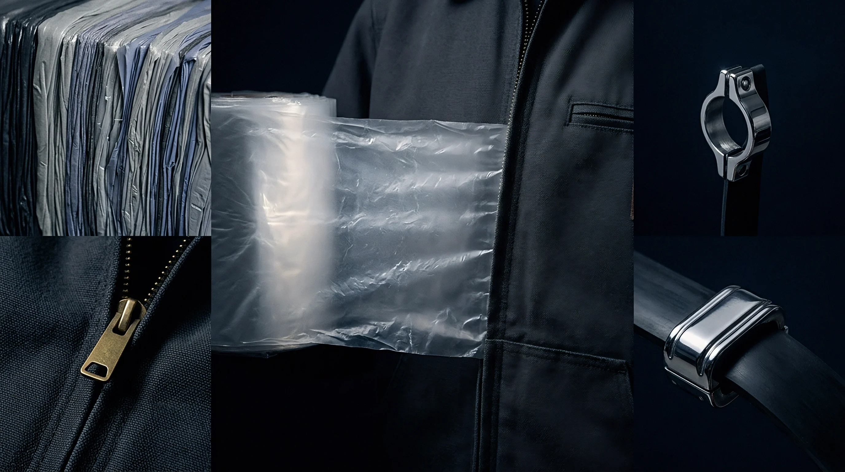 A composite illustration features rolls of transparent thin gauge film alongside metallic hardware components and finished heavy duty industrial textile apparel.