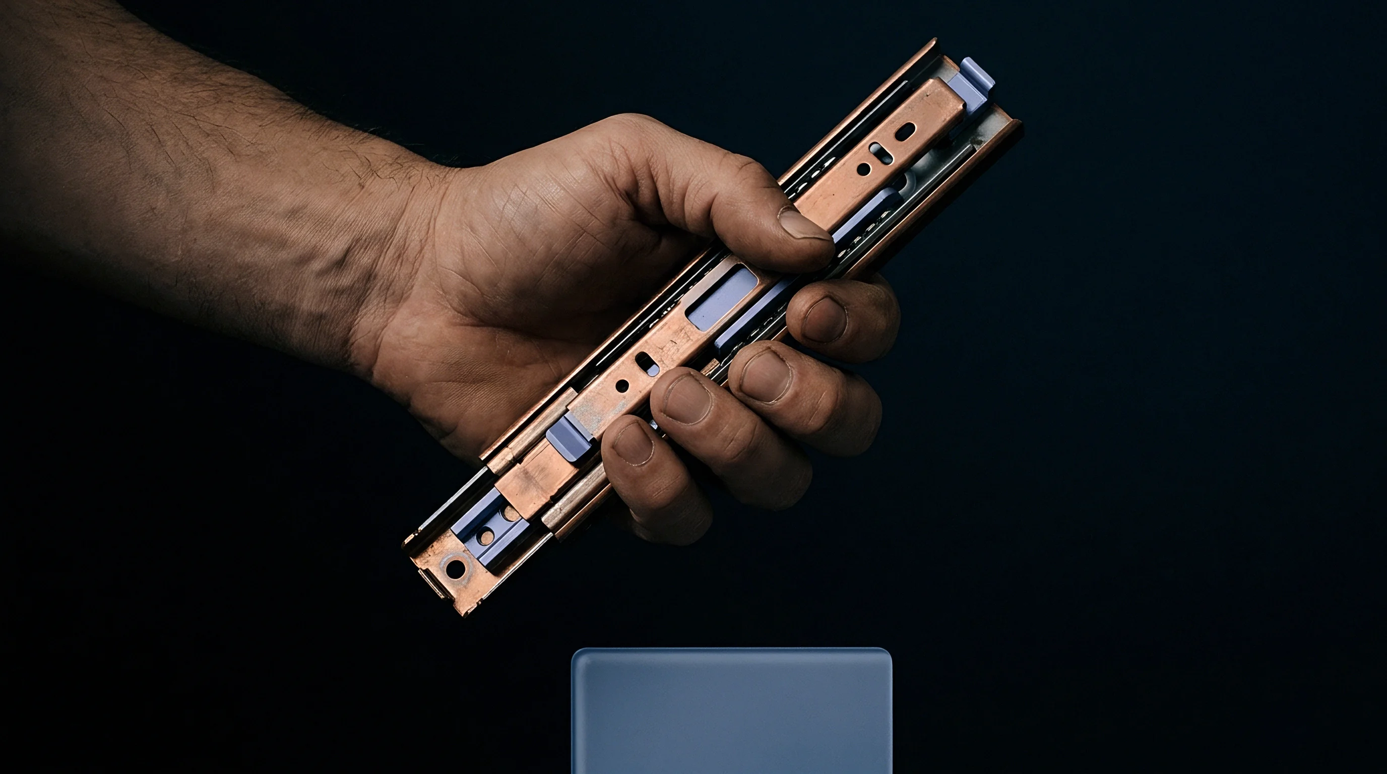 An operator hand holds a copper finished steel telescopic slide mechanism above a solid blue plastic injection moulded enclosure component.