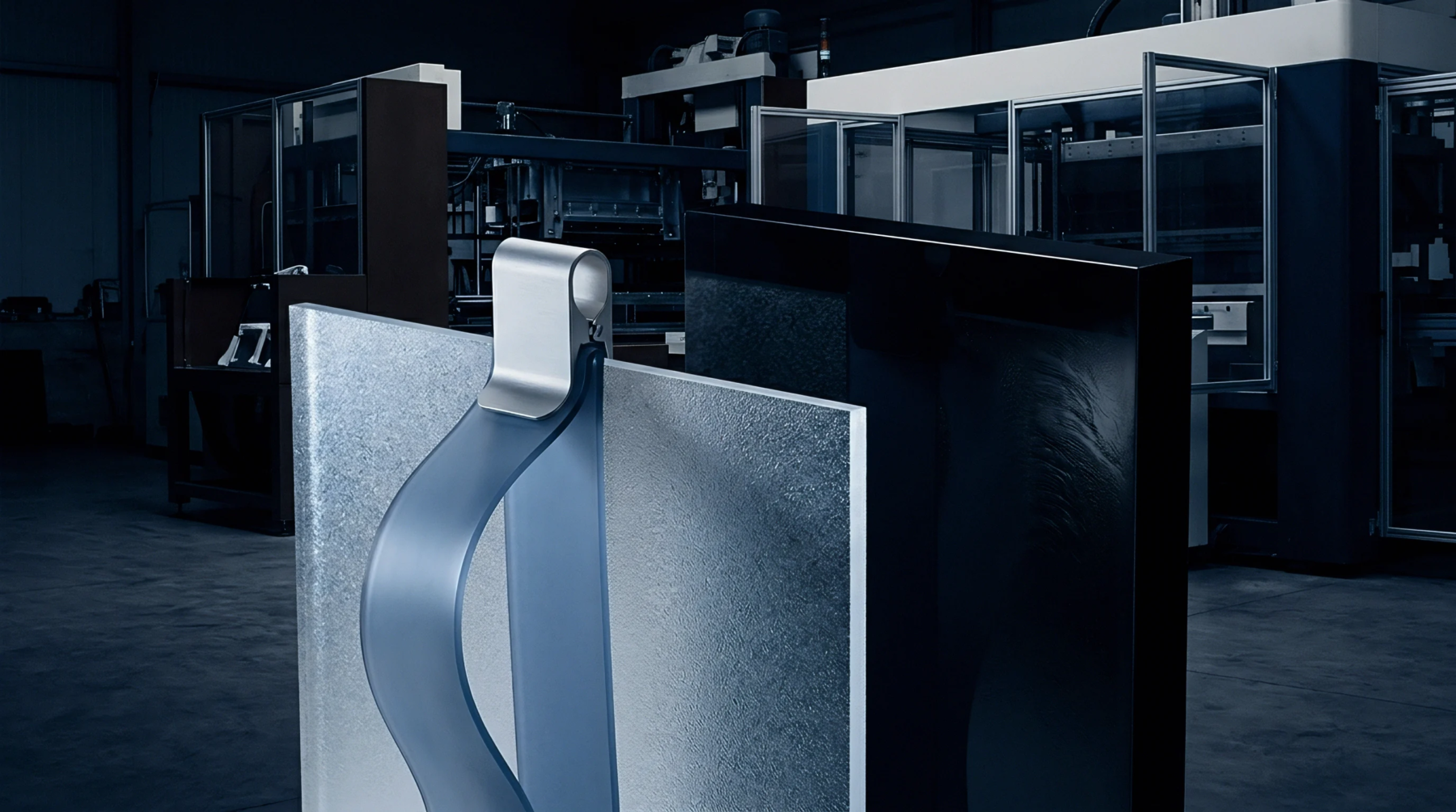An industrial interior features a translucent textured sheet beside a solid black panel with a flexible blue strip held by a clip.