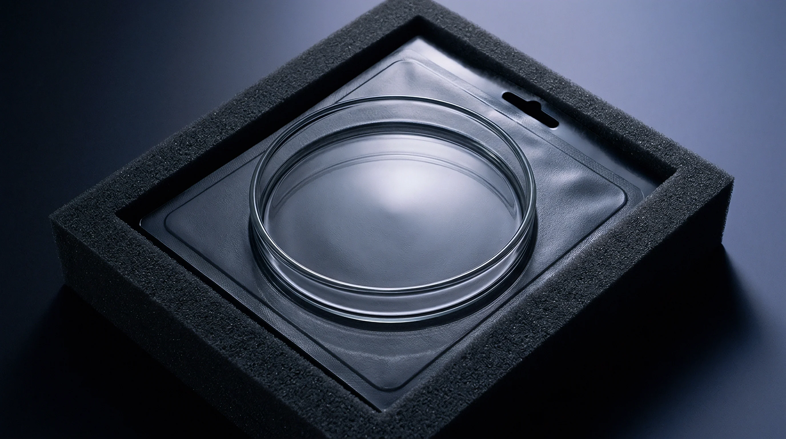 A transparent thermoformed plastic blister tray holds a clear polymer dish resting inside a dense black foam cushioning insert.