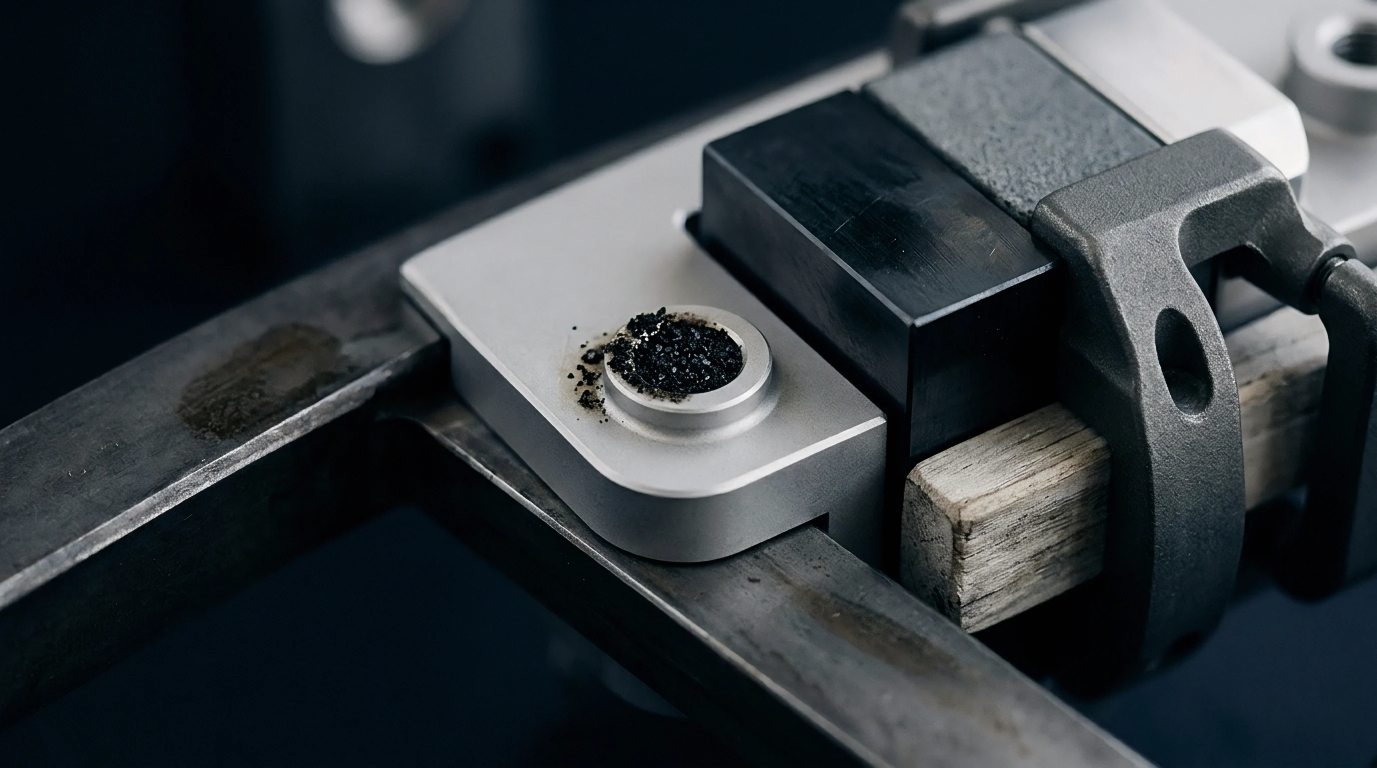 Granular dark residue rests within a machined metal component positioned against a plastic block and wooden shim on industrial production tooling.