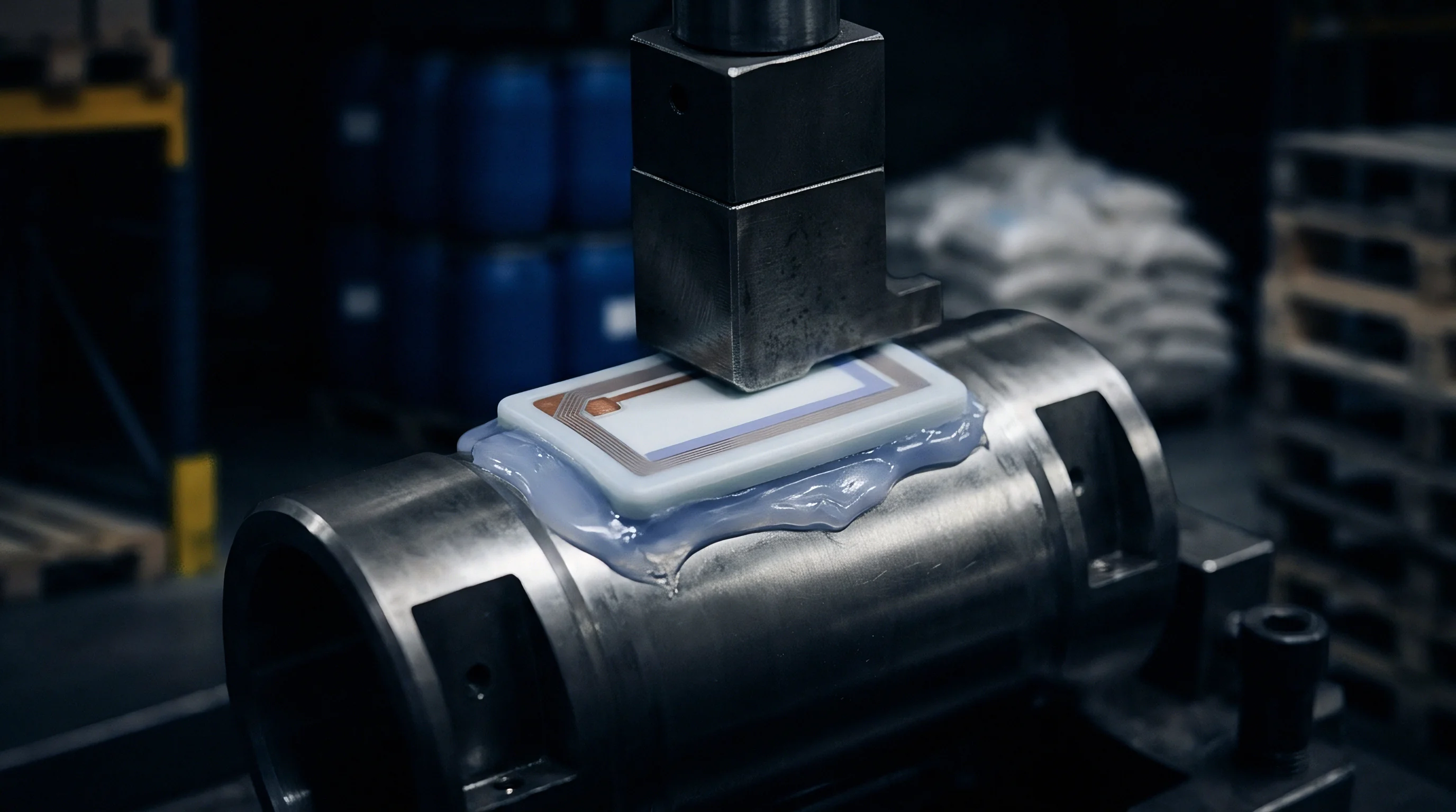Mechanical press tooling applies downward force onto a white plastic electronic housing sealed with translucent polymer gel on a metal cylindrical fixture.