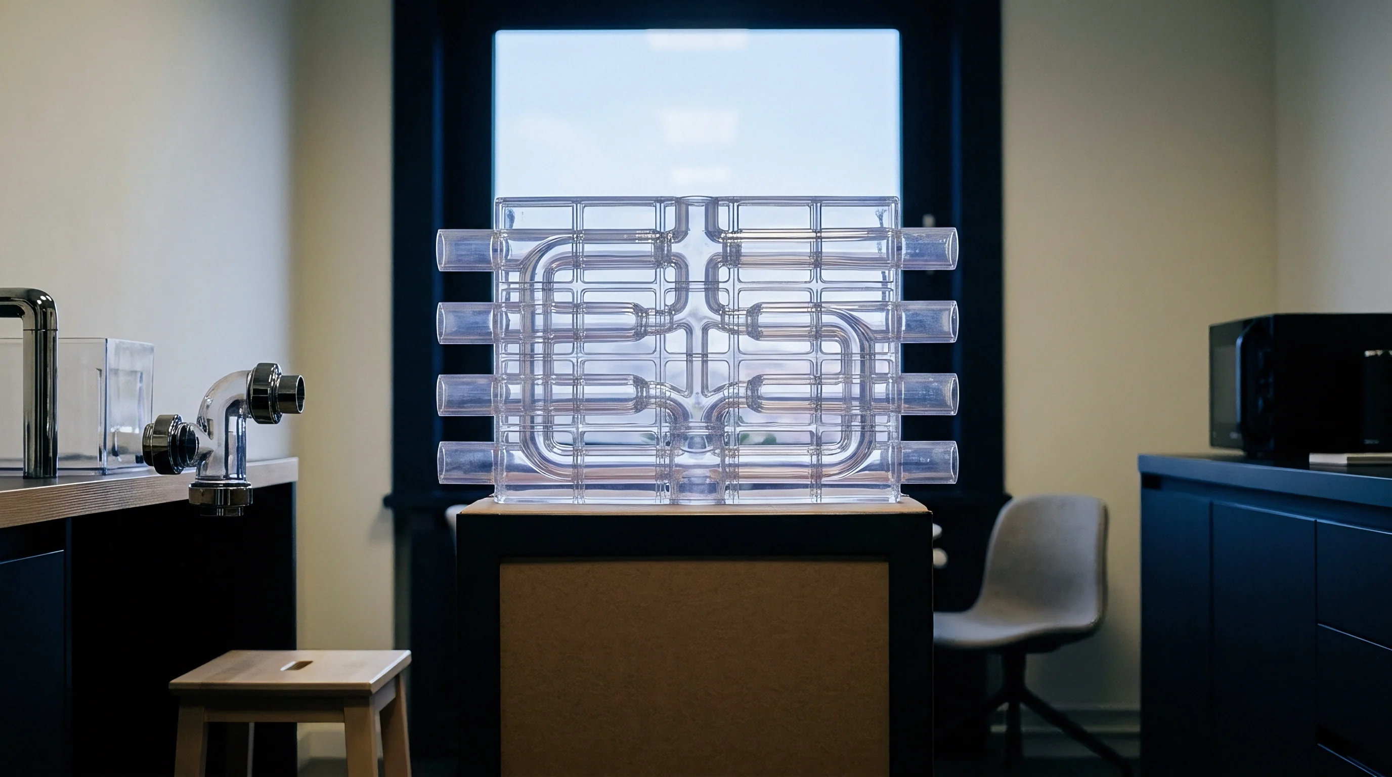 A transparent engineering polymer injection molded block with intricate internal flow paths rests on a display pedestal inside a modern testing facility.