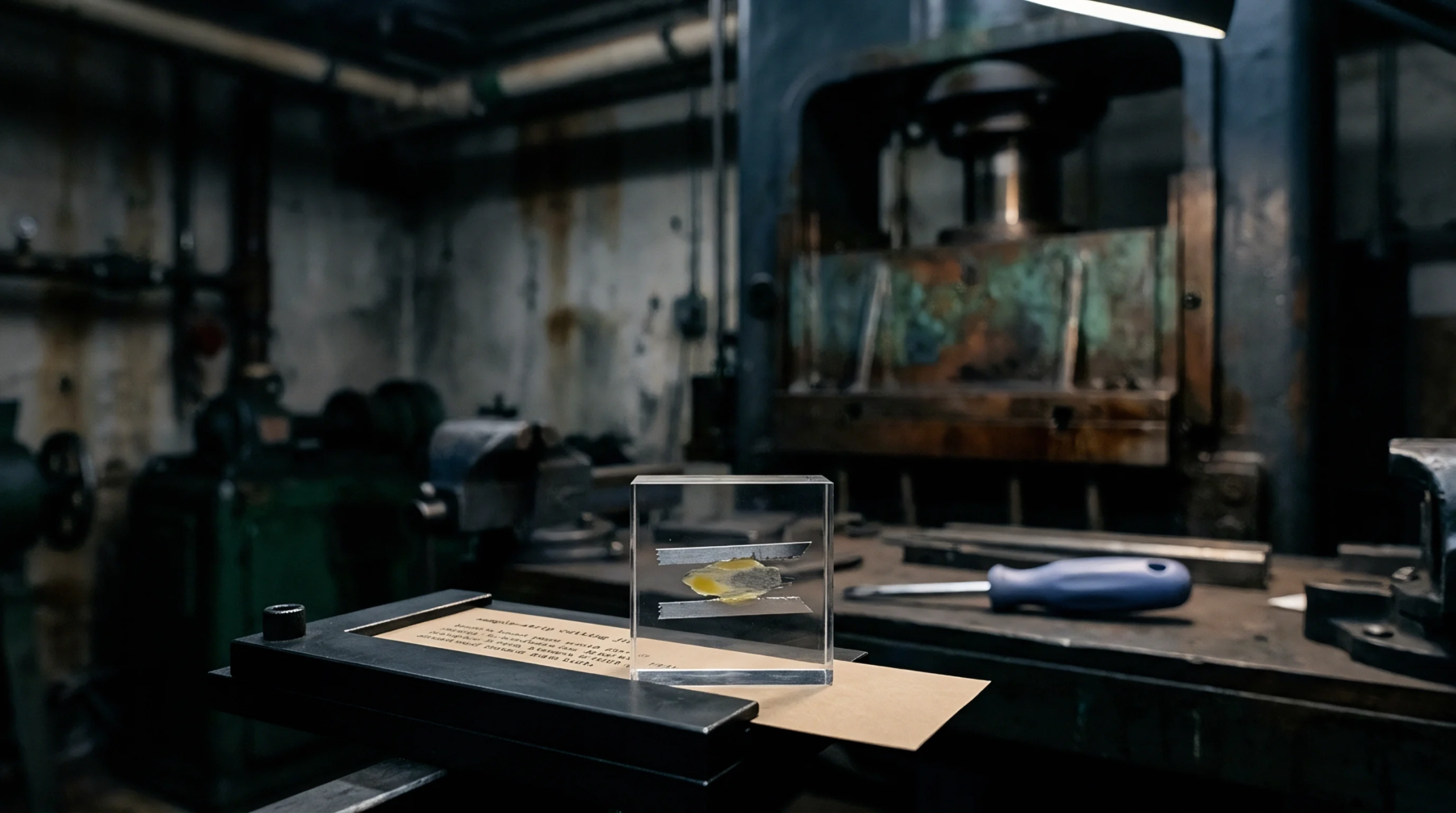 A transparent resin block encasing a layered composite specimen rests upon a metal testing fixture inside an industrial workshop.