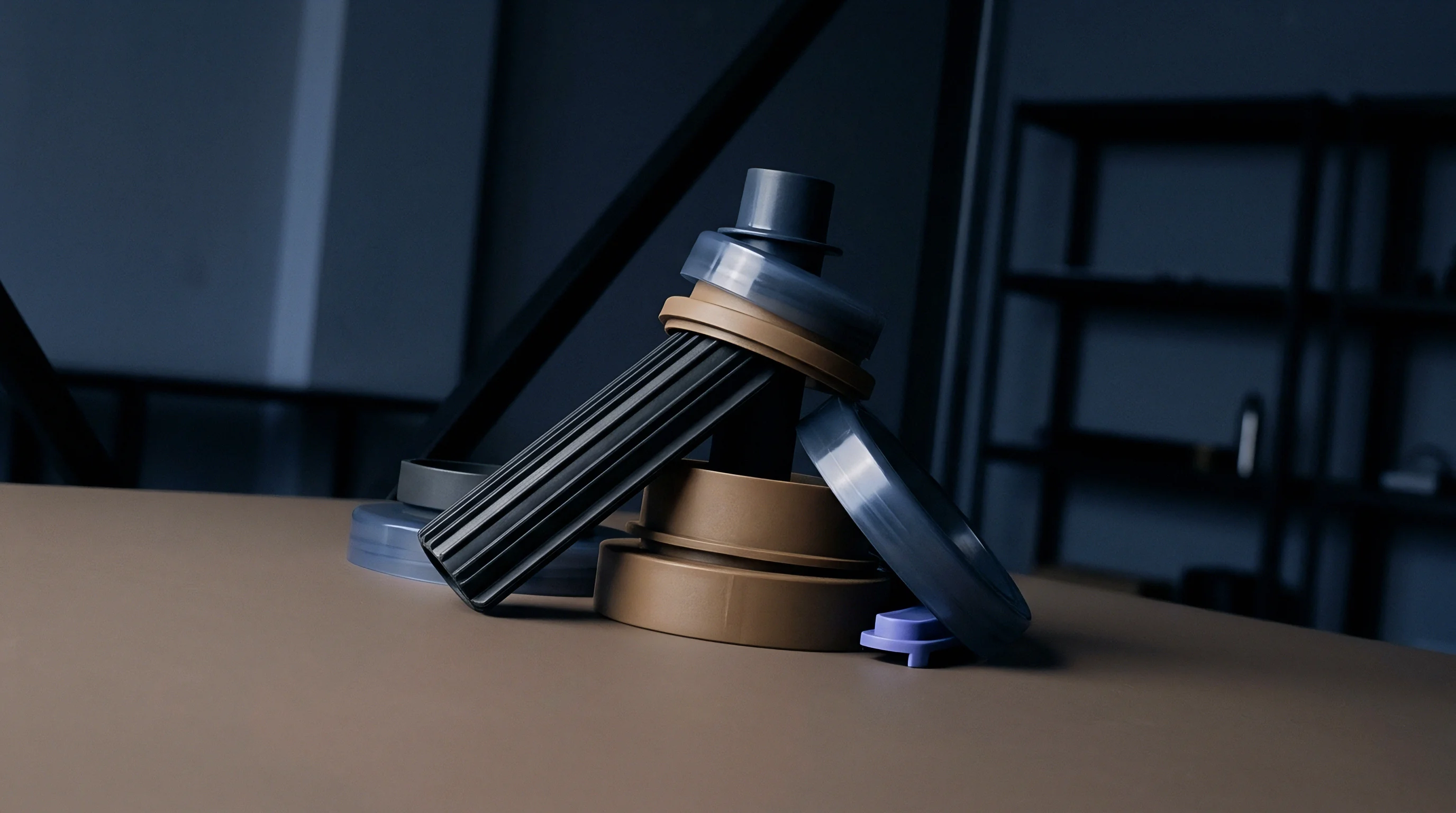 A stack of metallic, black, and brown engineered components, including several circular elements and a ribbed shaft, rests on a light brown surface in an industrial setting.