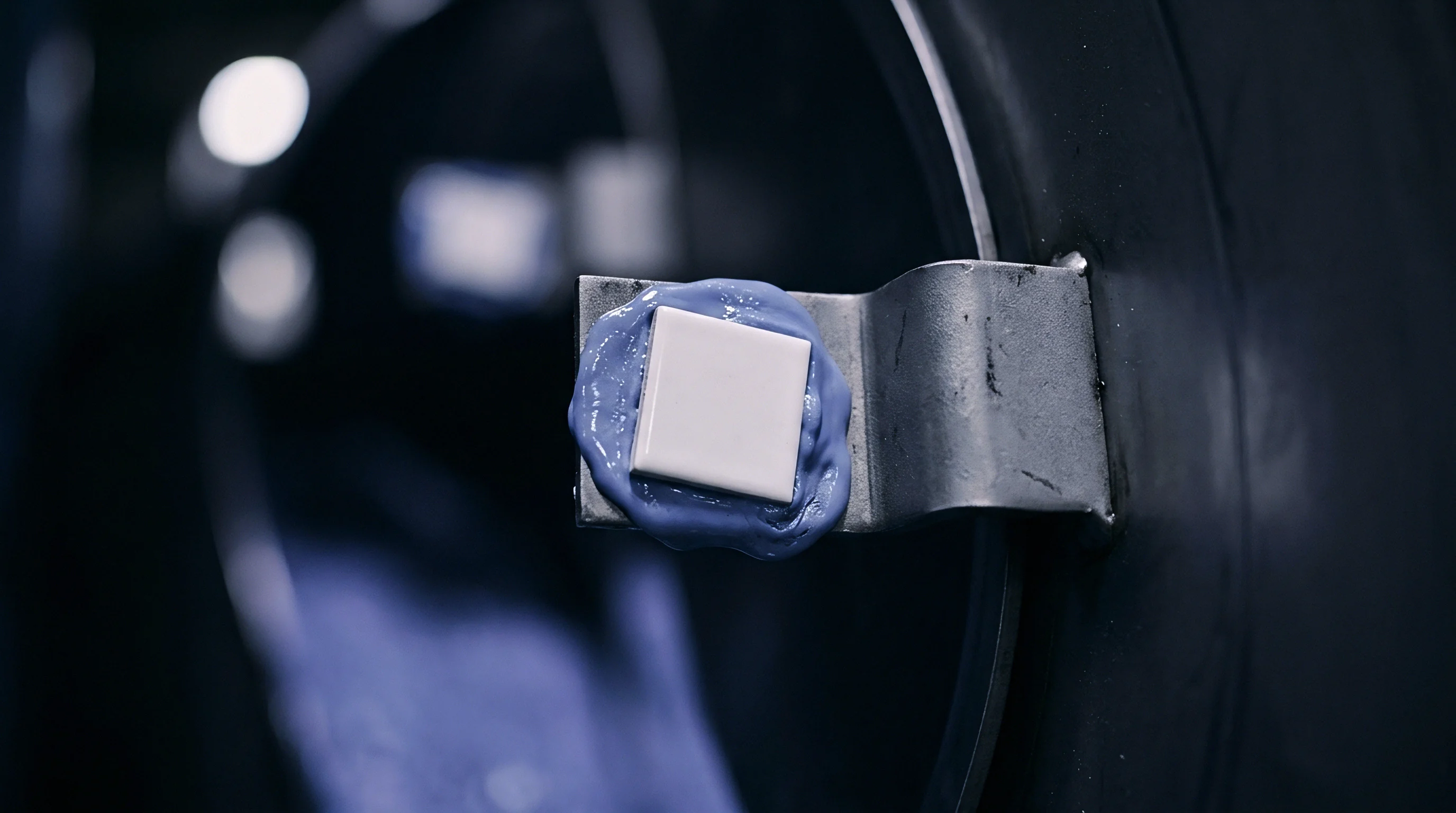 A small white ceramic test coupon secured with blue elastomeric adhesive on a steel bracket inside an industrial finishing drum.